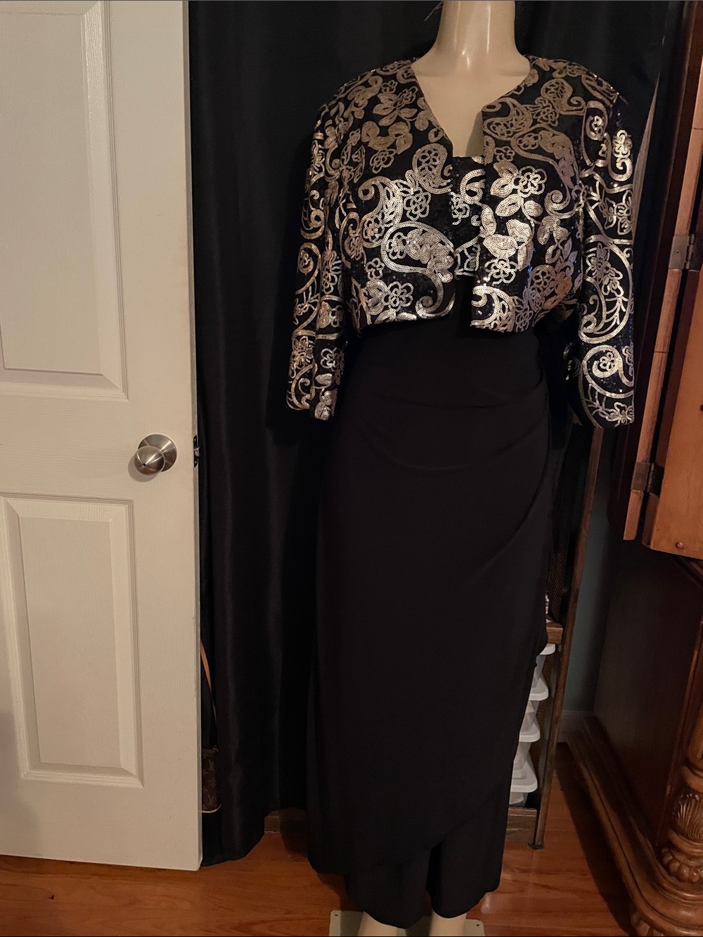 Black Maxi Skirt with Silver Floral Brocade Jacket
